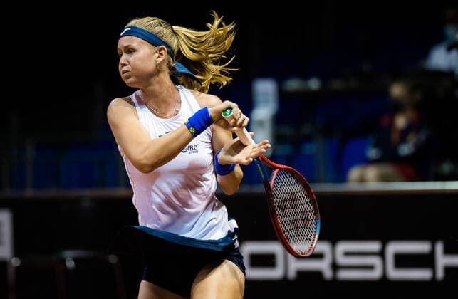 April 21, 2021, STUTTGART, GERMANY: Marie Bouzkova of the Czech Republic in action during her first-round match at the 2021 Porsche Tennis Grand Prix WTA, Tennis Damen 500 tournament against Marketa Vondrousova of the Czech Republic STUTTGART GERMANY - ZUMAa181 20210421_zaa_a181_084 Copyright: xRobxPrangex