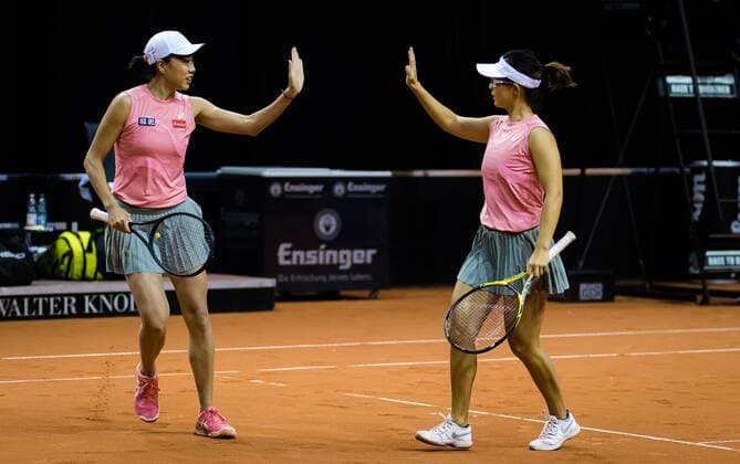 Mandatory Credit: Photo by Rob Prange Shutterstock (11864529fn) Yifan Xu & Shuai Zhang of China playing doubles at the 2021 Porsche Tennis Grand Prix WTA, Tennis Damen 500 tournament Porsche Tennis Grand Prix, Tennis, Stuttgart, Germany - 22 Apr 2021 Porsche Tennis Grand Prix, Tennis, Stuttgart, Germany - 22 Apr 2021  Copyright: xRobxPrange Shutterstockx 11864529fn