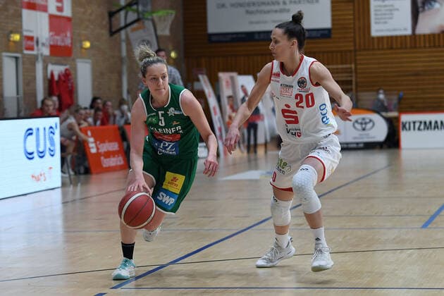Basketball Damen 1. Bundesliga Finale 2. Spiel GiroLive Panthers Osnabrück - Rutronik Stars Keltern am 23.04.2021 in der OSC-Halle in Osnabrück Milica Deura ( Keltern ), links - Kata Takacs ( Osnabrück ), rechts