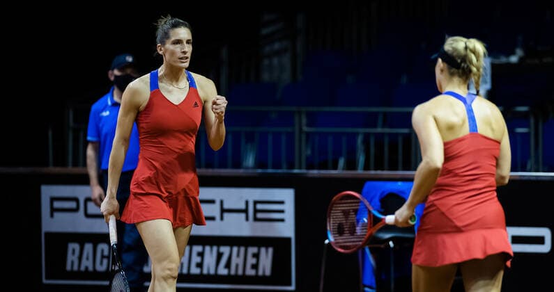 April 23, 2021, STUTTGART, GERMANY: Angelique Kerber & Andrea Petkovic of Germany playing doubles at the 2021 Porsche Tennis Grand Prix WTA, Tennis Damen 500 tournament STUTTGART GERMANY - ZUMAa181 20210423_zaa_a181_034 Copyright: xRobxPrangex
