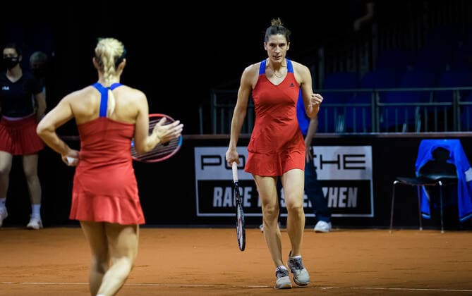 April 23, 2021, STUTTGART, GERMANY: Angelique Kerber & Andrea Petkovic of Germany playing doubles at the 2021 Porsche Tennis Grand Prix WTA, Tennis Damen 500 tournament STUTTGART GERMANY - ZUMAa181 20210423_zaa_a181_036 Copyright: xRobxPrangex