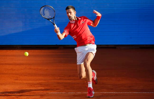 (210425) -- BELGRADE, April 25, 2021 -- Serbia s Novak Djokovic returns a shot during the ATP, Tennis Herren 250 Serbia Open singles semifinal tennis match between Serbia s Novak Djokovic and Russia s Aslan Karatsev in Belgrade, Serbia on April 24, 2021. (Photo by Xinhua) (SP)SERBIA-BELGRADE-TENNIS-ATP SERBIA OPEN-SEMIFINAL PredragxMilosavljevic 