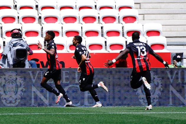 Joie - Hicham Boudaoui (OGC Nice) - Hassane Kamara (OGC Nice) - Rony Lopes (OGC Nice) FOOTBALL : OGC Nice vs Montpellier - Ligue 1 Uber Eats - Nice - 25 04 2021 NorbertScanella PanoramiC 
