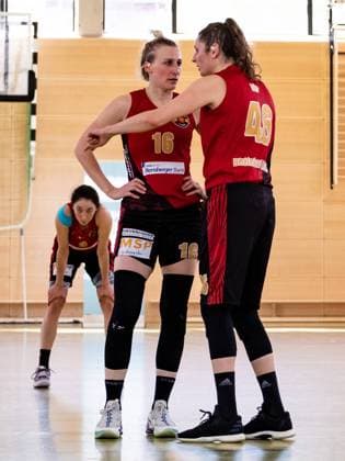 Duesseldorf, Germany, April 24th Birthe Thimm (16 Rheinland Lions) and Romy Baer (46 Rheinland Lions) talk during the Toyota 2. Basketball Bundesliga Nord between the Capitol Bascats Duesseldorf and RheinLand Lions at Wekita Sportarena in Duesseldorf Toyota 2. Basketball Bundesliga Nord - Capitol Bascats Duesseldo 
