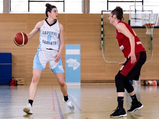Duesseldorf, Germany, April 24th Anja Fuchs-Robetin (8 Bascats) and Romy Baer (46 Rheinland Lions) during the Toyota 2. Basketball Bundesliga Nord between the Capitol Bascats Duesseldorf and RheinLand Lions at Wekita Sportarena in Duesseldorf Toyota 2. Basketball Bundesliga Nord - Capitol Bascats Duesseldo 