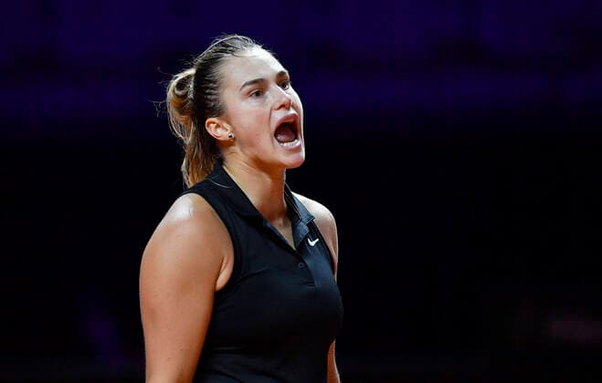 Aryna Sabalenka (BLR) sauer enttäuscht unzufrieden Gestik, Geste Finale Tennis Damen Porsche-Cup Porsche Tennis Grand Prix GP Stuttgart 2021 Porsche-Arena 25.04.2021 Porsche Tennis Grand Prix Stuttgart 2021