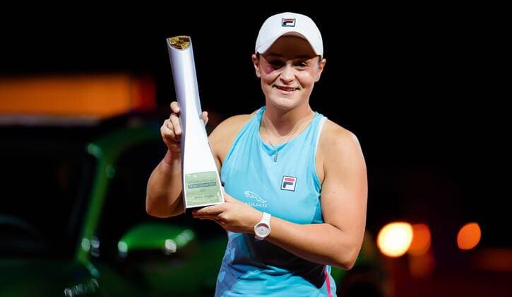 Mandatory Credit: Photo by Rob Prange Shutterstock (11875065x) Ashleigh Barty of Australia poses with the champions trophy after the final of the 2021 Porsche Tennis Grand Prix WTA, Tennis Damen 500 tournament 2021 Porsche Tennis Grand Prix Day 7 - 25 Apr 2021 2021 Porsche Tennis Grand Prix Day 7 - 25 Apr 2021  Copyright: xRobxPrange Shutterstockx 11875065x
