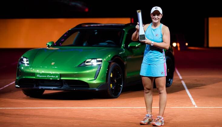 Mandatory Credit: Photo by Rob Prange Shutterstock (11875065z) Ashleigh Barty of Australia poses with the champions trophy after the final of the 2021 Porsche Tennis Grand Prix WTA, Tennis Damen 500 tournament 2021 Porsche Tennis Grand Prix Day 7 - 25 Apr 2021 2021 Porsche Tennis Grand Prix Day 7 - 25 Apr 2021  Copyright: xRobxPrange Shutterstockx 11875065z