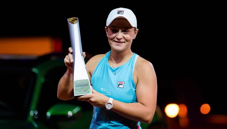 Mandatory Credit: Photo by Rob Prange Shutterstock (11875065aa) Ashleigh Barty of Australia poses with the champions trophy after the final of the 2021 Porsche Tennis Grand Prix WTA, Tennis Damen 500 tournament 2021 Porsche Tennis Grand Prix Day 7 - 25 Apr 2021 2021 Porsche Tennis Grand Prix Day 7 - 25 Apr 2021  Copyright: xRobxPrange Shutterstockx 11875065aa