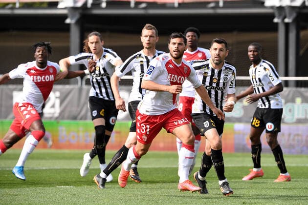 31 KEVIN VOLLAND (MONA) - 05 THOMAS MANGANI (SCO) FOOTBALL : Angers vs Monaco - Ligue 1 Uber Eats - 25 04 2021 AnthonyBIBARD FEP Panoramic 