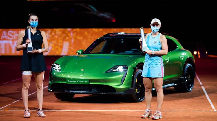 Mandatory Credit: Photo by Rob Prange Shutterstock (11875065ay) Ashleigh Barty of Australia & Aryna Sabalenka of Belarus poses with their trophies after the final of the 2021 Porsche Tennis Grand Prix WTA, Tennis Damen 500 tournament 2021 Porsche Tennis Grand Prix Day 7 - 25 Apr 2021 2021 Porsche Tennis Grand Prix Day 7 - 25 Apr 2021  Copyright: xRobxPrange Shutterstockx 11875065ay