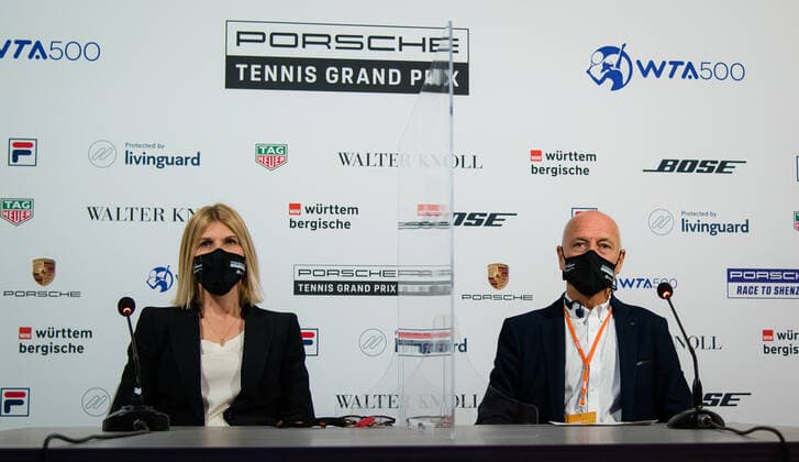 April 25, 2021, STUTTGART, GERMANY: Anke Huber & Markus Guenthardt during the pre-final press conference, PK, Pressekonferenz of the 2021 Porsche Tennis Grand Prix WTA, Tennis Damen 500 tournament STUTTGART GERMANY - ZUMAa181 20210425_zaa_a181_230 Copyright: xRobxPrangex