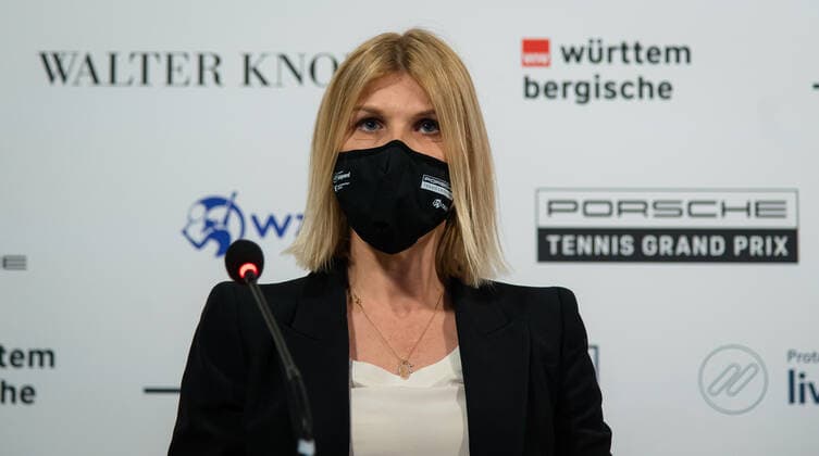 April 25, 2021, STUTTGART, GERMANY: Anke Huber during the pre-final press conference, PK, Pressekonferenz of the 2021 Porsche Tennis Grand Prix WTA, Tennis Damen 500 tournament STUTTGART GERMANY - ZUMAa181 20210425_zaa_a181_235 Copyright: xRobxPrangex