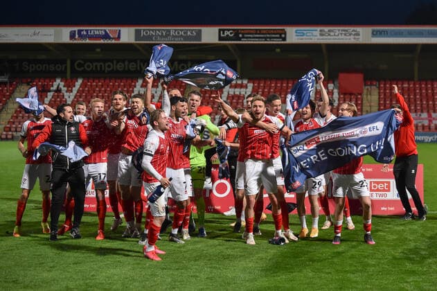 Cheltenham Town v Carlisle United Sky Bet League 2 Cheltenham Town players celebrate promotion to League 1 following the Sky Bet League 2 match at the Jonny-Rocks Stadium, Cheltenham Content Not Available For UK Newspapers Copyright: xMartynxHaworthx FIL-15495-0021
