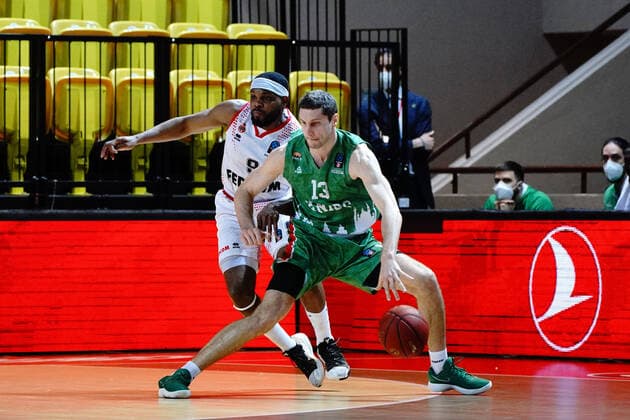 BASKETBALL : Monaco vs Unics Kazan - Finale Eurocoupe - Match 1 - Monaco - 27 04 2021 Dmitrii Uzinskii (Unics Kazan) - Marcos Knight (AS Monaco) Monaco Monaco