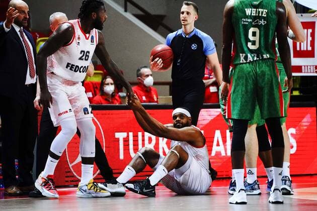 BASKETBALL : Monaco vs Unics Kazan - Finale Eurocoupe - Match 1 - Monaco - 27 04 2021 Mathias Lessort (AS Monaco) - Marcos Knight (AS Monaco) Monaco Monaco