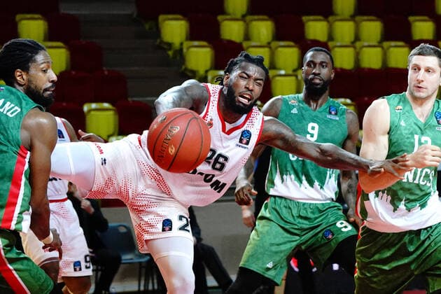 BASKETBALL : Monaco vs Unics Kazan - Finale Eurocoupe - Match 1 - Monaco - 27 04 2021 Mathias Lessort (AS Monaco) - Dmitrii Uzinskii (Unics Kazan) Monaco Monaco