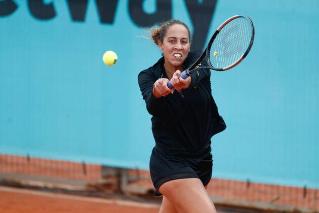 April 28, 2021, MADRID, MADRID, SPAIN: Madison Keys of Unites States in action during her practice for the WTA, Tennis Damen 1000 - Mutua Madrid Open 2021 at La Caja Magica on April 28, 2021 in Madrid, Spain. MADRID SPAIN - ZUMAa181 20210428_zaa_a181_031 Copyright: xOscarxJ.xBarrosox