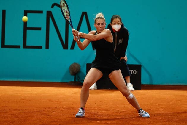 April 28, 2021, MADRID, MADRID, SPAIN: Marta Kostyuk of Ukraine in action during her Women s Singles Qualify match against Anastasia Sevastova of Latvia during the WTA, Tennis Damen 1000 - Mutua Madrid Open 2021 at La Caja Magica on April 28, 2021 in Madrid, Spain. MADRID SPAIN - ZUMAa181 20210428_zaa_a181_094 Copyright: xOscarxJ.xBarrosox