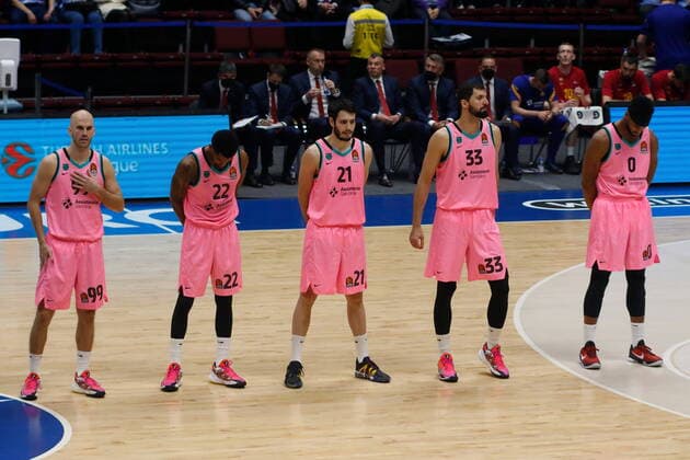 Saint Petersburg, Russia - 28 April 2021: Nikola Mirotic (33) and Nick Calathes (99) of Barcelona are seen in action during the 2020-2021 Playoffs Turkish Airlines EuroLeague, match 3 between FC Barcelona, Barca and Zenit. MaksimxKonstantinov