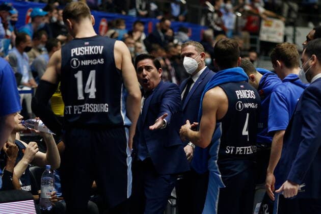 Saint Petersburg, Russia - 28 April 2021: Head coach of Zenit basketball club Javier Pascual are seen in action during the 2020-2021 Playoffs Turkish Airlines EuroLeague, match 3 between FC Barcelona, Barca and Zenit. MaksimxKonstantinov