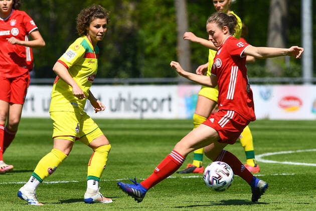 v.li.: Anja Pfluger (Köln, 20), Annika Wohner (FCB II, 8), Zweikampf, Duell, duel, tackle, tackling, Dynamik, Action, Aktion, 28.04.2021, Köln (Deutschland), Fussball, 2. Frauen-Bundesliga Süd, 1. FC Köln - Bayern München II, DFB DFL REGULATIONS PROHIBIT ANY USE OF PHOTOGRAPHS AS IMAGE SEQUENCES AND OR QUASI-VIDEO.