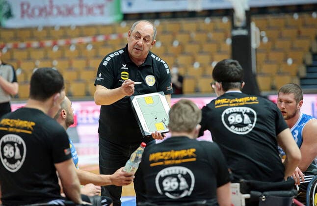30.04.2021, xovx, Rollstuhlbasketball Champions Cup 2021, RSB Thuringia Bulls - Baskets 96 Rahden Trainer Josef Jaglowski (Baskets 96 Rahden) Wetzlar Rittal-Arena Hessen Deutschland (DE)