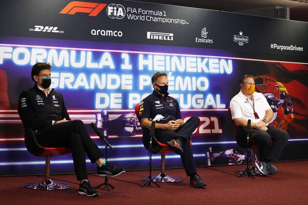 F1 Grand Prix of Portugal Toto Wolff (AUT, Mercedes-AMG Petronas F1 Team), Christian Horner (GBR, Red Bull Racing), Zak Brown (USA, McLaren F1 Team), F1 Grand Prix of Portugal at Autodromo Internacional do Algarve on April 30, 2021 in Portimao, Portugal. (Photo by Lars Baron Getty Images FIA Pool via HOCH ZWEI) Portimao Autodromo Internacional Do Algar Portugal Poolfoto HOCH ZWEI Pool Getty Images ,EDITORIAL USE ONLY