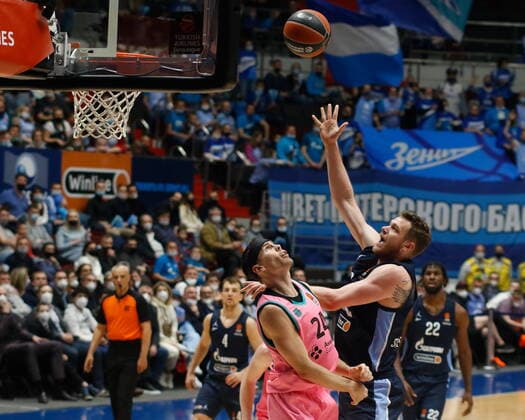 Basketball, EuroLeague, Zenit St. Petersburg - FC Barcelona Saint Petersburg, Russia - 30 April 2021: Andrey Zubkov (20) of Zenit and Kyle Kuric (24) of Barcelona are seen in action during the 2020-2021 Playoffs EuroLeague. MaksimxKonstantinov