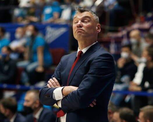 Saint Petersburg, Russia - 30 April 2021: Head coach Sarunas Jasikevicius of Barcelona are seen in action during the 2020-2021 Playoffs EuroLeague, match 4 between FC Barcelona, Barca and Zenit. MaksimxKonstantinov