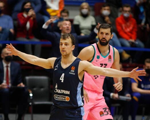Saint Petersburg, Russia - 30 April 2021: Kevin Pangos (4) of Zenit are seen in action during the 2020-2021 Playoffs EuroLeague, match 4 between FC Barcelona, Barca and Zenit. MaksimxKonstantinov