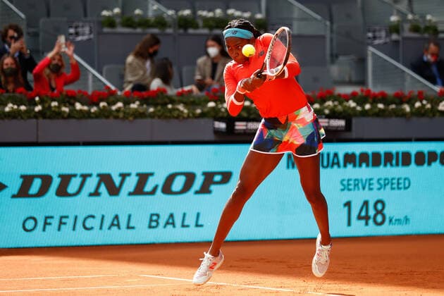 April 30, 2021, Madrid, Spain: CORI GAUFF of United States in action during his Women s Singles match against K. Pliskova of Czech Republic on day two of the WTA, Tennis Damen 1000 - Mutua Madrid Open 2021 at La Caja Magica. MADRID SPAIN - ZUMAa181 20210430_zaa_a181_094 Copyright: xOscarxJ.xBarrosox