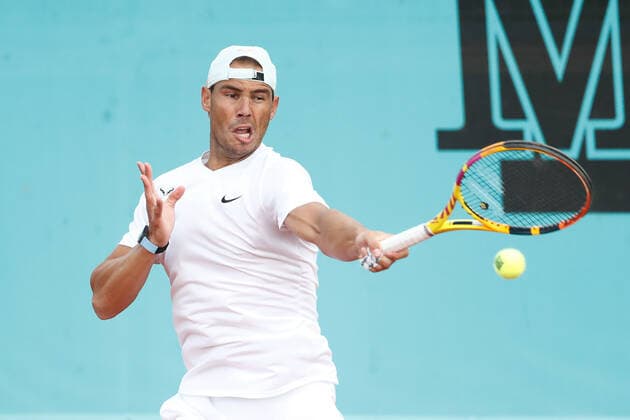 May 1, 2021, MADRID, MADRID, SPAIN: Rafael Nadal of Spain in action during his practice session for the ATP, Tennis Herren Masters 1000 - Mutua Madrid Open 2021 at La Caja Magica on May 1, 2021 in Madrid, Spain. MADRID SPAIN - ZUMAa181 20210501_zaa_a181_001 Copyright: xOscarxJ.xBarrosox