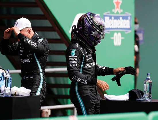 77 Valtteri Bottas (FIN, Mercedes-AMG Petronas F1 Team), 44 Lewis Hamilton (GBR, Mercedes-AMG Petronas F1 Team), F1 Grand Prix of Portugal at Autodromo Internacional do Algarve on May 1, 2021 in Portimao, Portugal. (Photo by HOCH ZWEI) Portimao Portugal