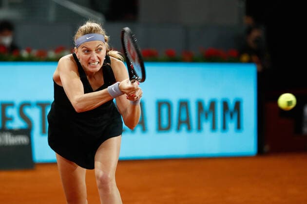 May 1, 2021, MADRID, MADRID, SPAIN: Petra Kvitova of Czech Republic in action during her Women s Singles match, second round, against Angelique Kerber of Germany on the WTA, Tennis Damen 1000 - Mutua Madrid Open 2021 at La Caja Magica on May 1, 2021 in Madrid, Spain. MADRID SPAIN - ZUMAa181 20210501_zaa_a181_130 Copyright: xOscarxJ.xBarrosox