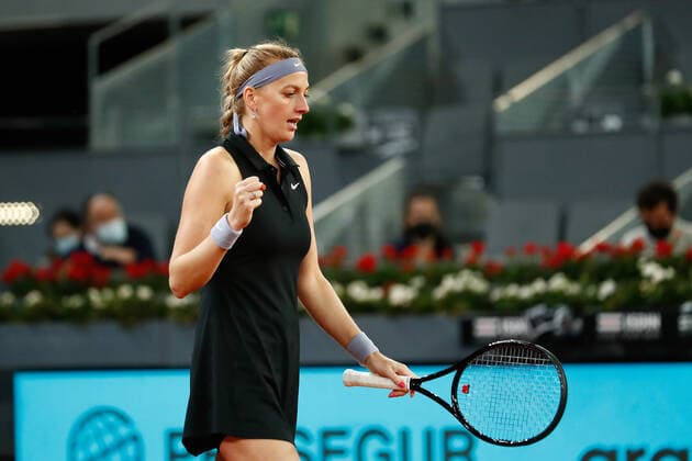 May 1, 2021, MADRID, MADRID, SPAIN: Petra Kvitova of Czech Republic in action during her Women s Singles match, second round, against Angelique Kerber of Germany on the WTA, Tennis Damen 1000 - Mutua Madrid Open 2021 at La Caja Magica on May 1, 2021 in Madrid, Spain. MADRID SPAIN - ZUMAa181 20210501_zaa_a181_133 Copyright: xOscarxJ.xBarrosox