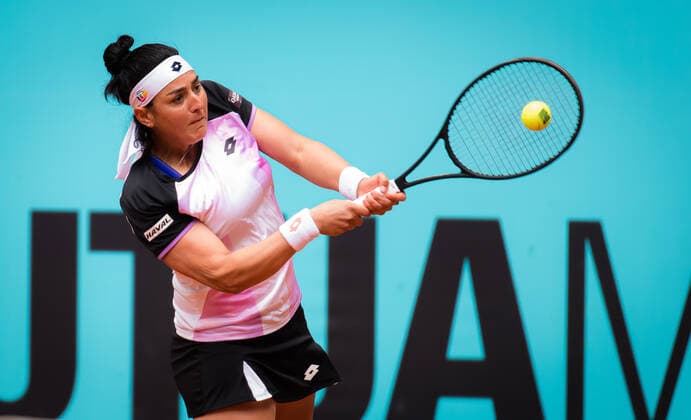 May 1, 2021, MADRID, MADRID, SPAIN: Ons Jabeur of Tunisia in action during her second-round match at the 2021 Mutua Madrid Open WTA, Tennis Damen 1000 tournament against Sloane Stephens of the United States MADRID SPAIN - ZUMAa181 20210501_zaa_a181_199 Copyright: xRobxPrangex