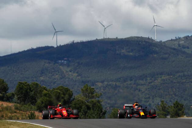 55 Carlos Sainz (ESP, Scuderia Ferrari Mission Winnow), 33 Max Verstappen (NED, Red Bull Racing), F1 Grand Prix of Portugal at Autodromo Internacional do Algarve on May 1, 2021 in Portimao, Portugal. (Photo by HOCH ZWEI) Portimao Portugal