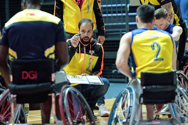 01.05.2021, xovx, Rollstuhlbasketball Champions Cup 2021, Halbfinale, CD Ilunion Madrid - RSV Lahn-Dill Trainer Miguel Vaquero (CD Ilunion Madrid) Wetzlar Rittal-Arena Hessen Deutschland (DE)