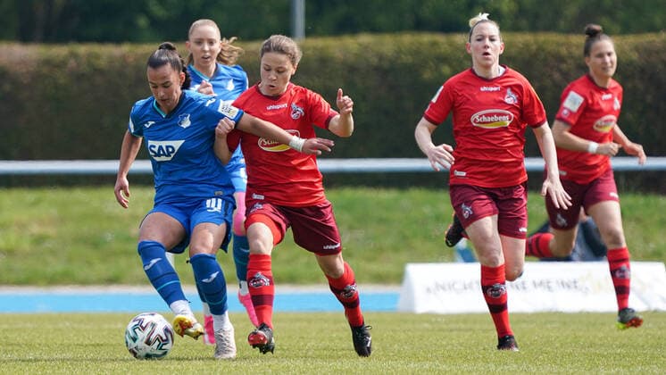 v.li.: Meryem Cennet Cal (TSG II, 10), Alicia Gudorf (Köln, 12), Zweikampf, Spielszene, Duell, duel, tackle, tackling, Dynamik, Action, Aktion, 02.05.2021, Sinsheim (Deutschland), Fussball, 2. Frauen-Bundesliga Süd, TSG 1899 Hoffenheim II (U20) - 1. FC Köln, DFB DFL REGULATIONS PROHIBIT ANY USE OF PHOTOGRAPHS AS IMAGE SEQUENCES AND OR QUASI-VIDEO.
