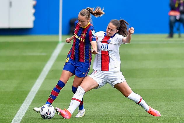 May 2, 2021, Barcelona, Spain: Graham Hansen of FC Barcelona, Barca in action with Jordyn Huitema of PSG during the UEFA Champions League Women semifinal second leg match between FC Barcelona and PSG at Johan Cruyff Stadium in Barcelona, Spain. Barcelona Spain - ZUMAd159 0117041809st Copyright: xGerardxFrancox