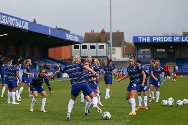 London, England, May 2nd 2021: Chelsea warmup during the UEFA Womens Champions League Semi Final game between Chelsea and Bayern Munich at Kingsmeadow in London, England. UEFA Womens Champions League Semi Final - Chelsea v Bayern Munic 