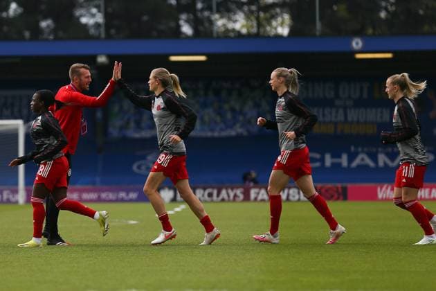 London, England, May 2nd 2021: Bayern Munich are out for the warm up during the UEFA Womens Champions League Semi Final game between Chelsea and Bayern Munich at Kingsmeadow in London, England. UEFA Womens Champions League Semi Final - Chelsea v Bayern Munic 
