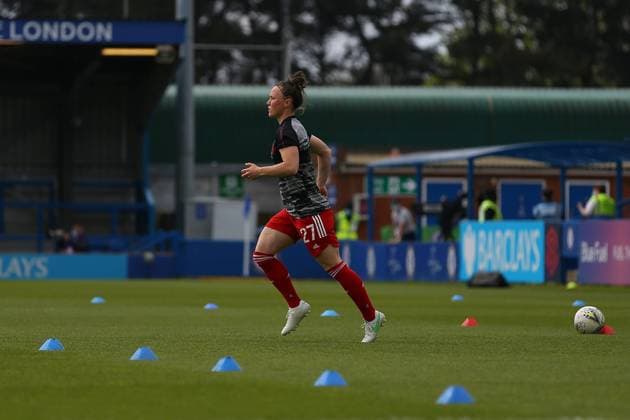 London, England, May 2nd 2021: Marina Hegering ( 27 Bayern Munich) during the UEFA Womens Champions League Semi Final game between Chelsea and Bayern Munich at Kingsmeadow in London, England. UEFA Womens Champions League Semi Final - Chelsea v Bayern Munic 