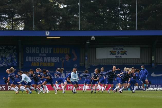 London, England, May 2nd 2021: Chelsea warmup during the UEFA Womens Champions League Semi Final game between Chelsea and Bayern Munich at Kingsmeadow in London, England. UEFA Womens Champions League Semi Final - Chelsea v Bayern Munic 