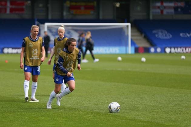 London, England, May 2nd 2021: Jessie Fleming ( 17 Chelsea) during the UEFA Womens Champions League Semi Final game between Chelsea and Bayern Munich at Kingsmeadow in London, England. UEFA Womens Champions League Semi Final - Chelsea v Bayern Munic 