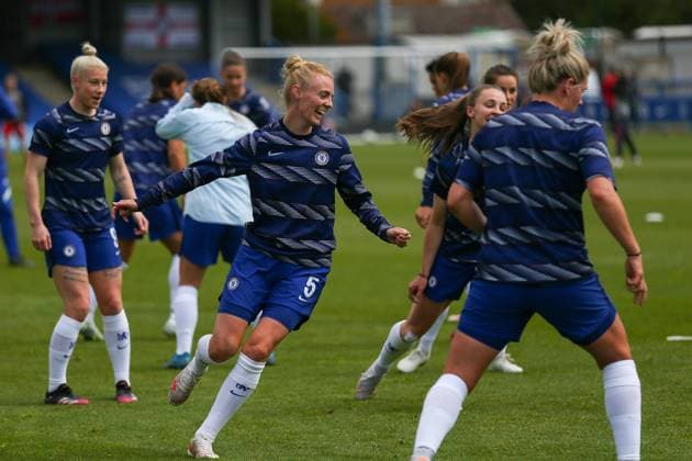 London, England, May 2nd 2021: All smiles for Sophie Ingle ( 5 Chelsea) during the UEFA Womens Champions League Semi Final game between Chelsea and Bayern Munich at Kingsmeadow in London, England. UEFA Womens Champions League Semi Final - Chelsea v Bayern Munic 