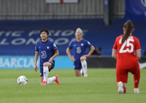 Kington Upon Thames, England, 2nd May 2021. Ji So-Yun of Chelsea along with all players take a knee in support of anti-racism and injustice during the UEFA Women s Champions League match at Kingsmeadow, Kington Upon Thames. Picture credit should read: Paul Terry Sportimage EDITORIAL USE ONLY. No use with unauthorised audio, video, data, fixture lists, club league logos or live services. Online in-match use limited to 120 images, no video emulation. No use in betting, games or single club league player publications. SPI-1031-0008