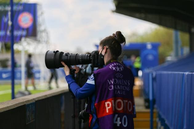 London, England, May 2nd 2021: Press Photographer during the UEFA Womens Champions League Semi Final game between Chelsea and Bayern Munich at Kingsmeadow in London, England. UEFA Womens Champions League Semi Final - Chelsea v Bayern Munic 