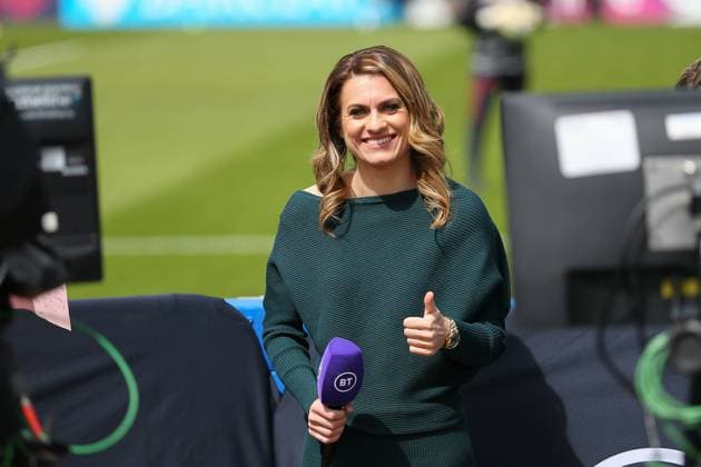 London, England, May 2nd 2021: Big smile from Karen Carney at BT Sports during the UEFA Womens Champions League Semi Final game between Chelsea and Bayern Munich at Kingsmeadow in London, England. UEFA Womens Champions League Semi Final - Chelsea v Bayern Munic 